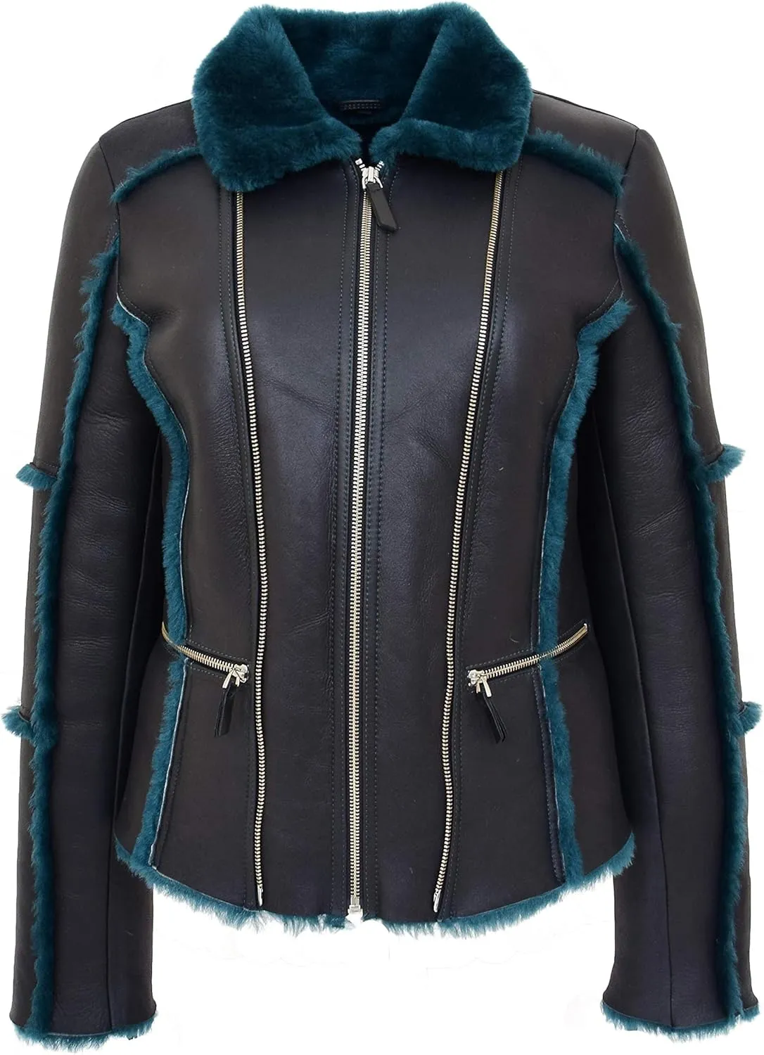 Womens Real Sheepskin Aviator Shearling Pilot Style Jacket Valerie Black Green