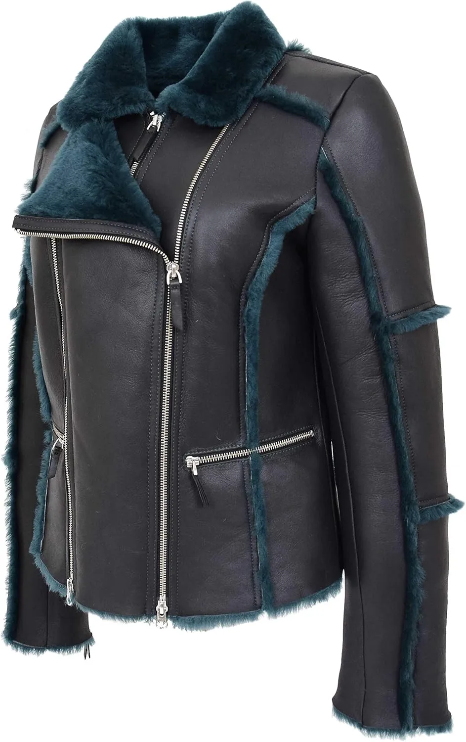 Womens Real Sheepskin Aviator Shearling Pilot Style Jacket Valerie Black Green