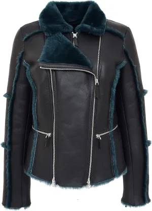 Womens Real Sheepskin Aviator Shearling Pilot Style Jacket Valerie Black Green