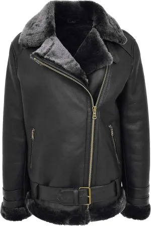 Womens Real Sheepskin Jacket Black X-Zip Aviator Belted Double Face Shearling Willow