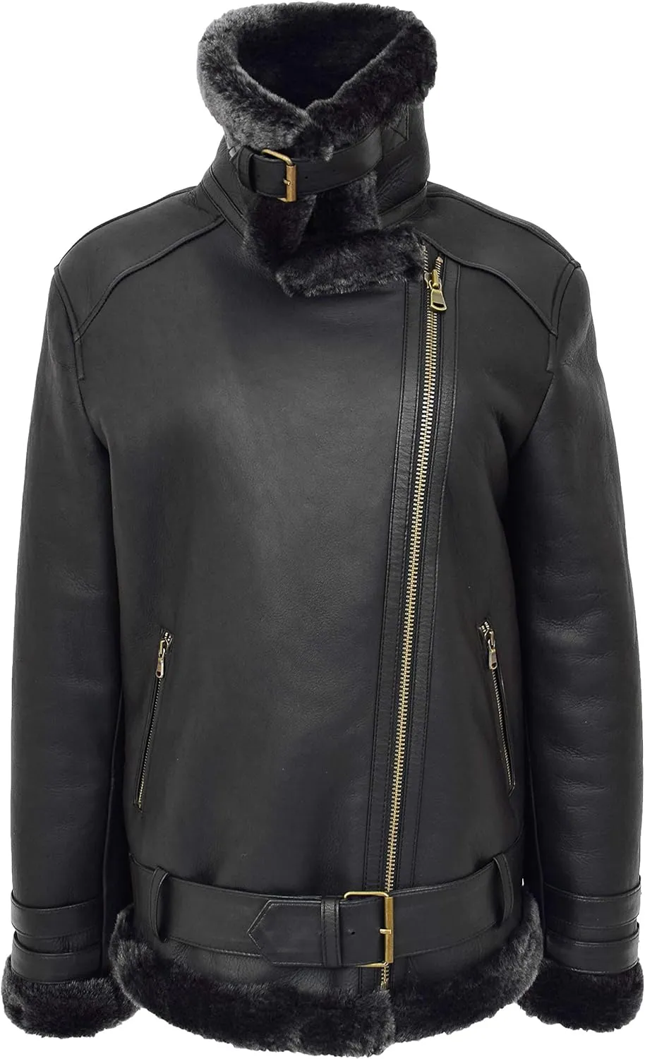 Womens Real Sheepskin Jacket Black X-Zip Aviator Belted Double Face Shearling Willow