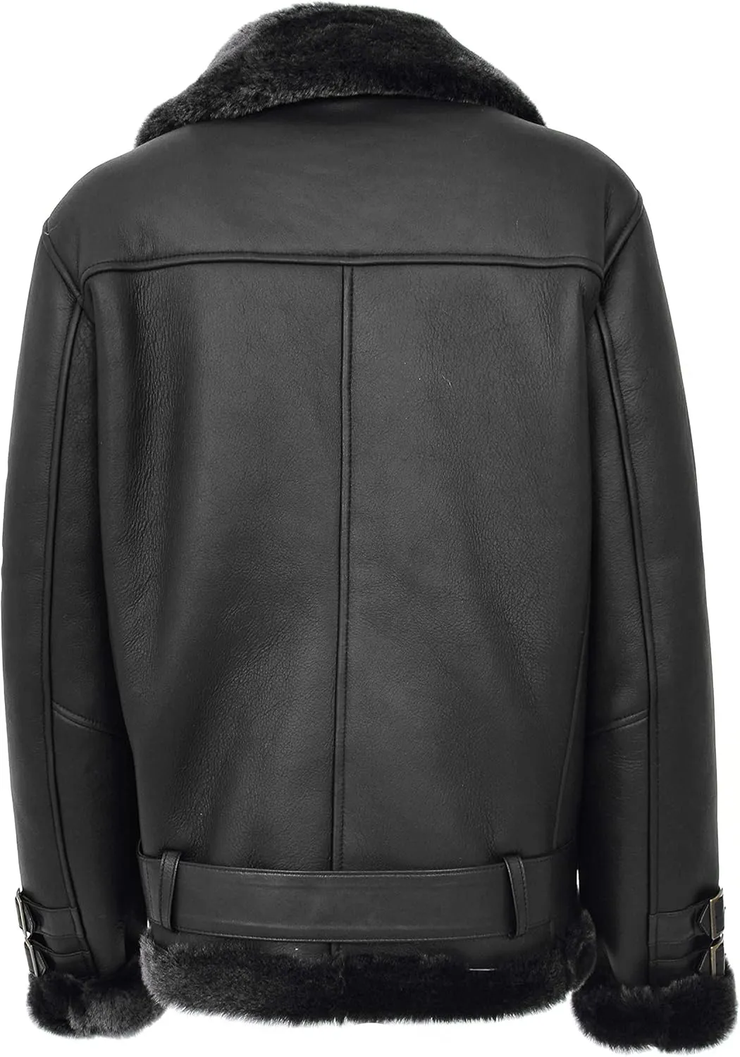 Womens Real Sheepskin Jacket Black X-Zip Aviator Belted Double Face Shearling Willow