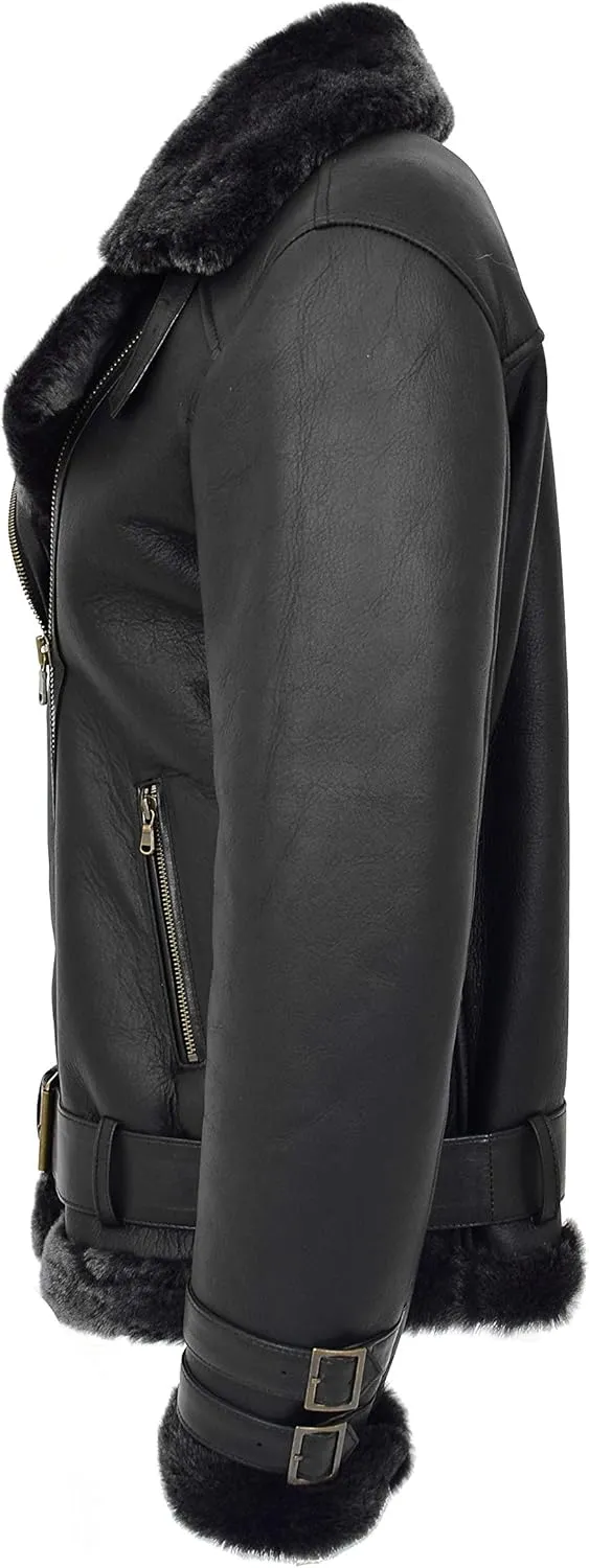 Womens Real Sheepskin Jacket Black X-Zip Aviator Belted Double Face Shearling Willow
