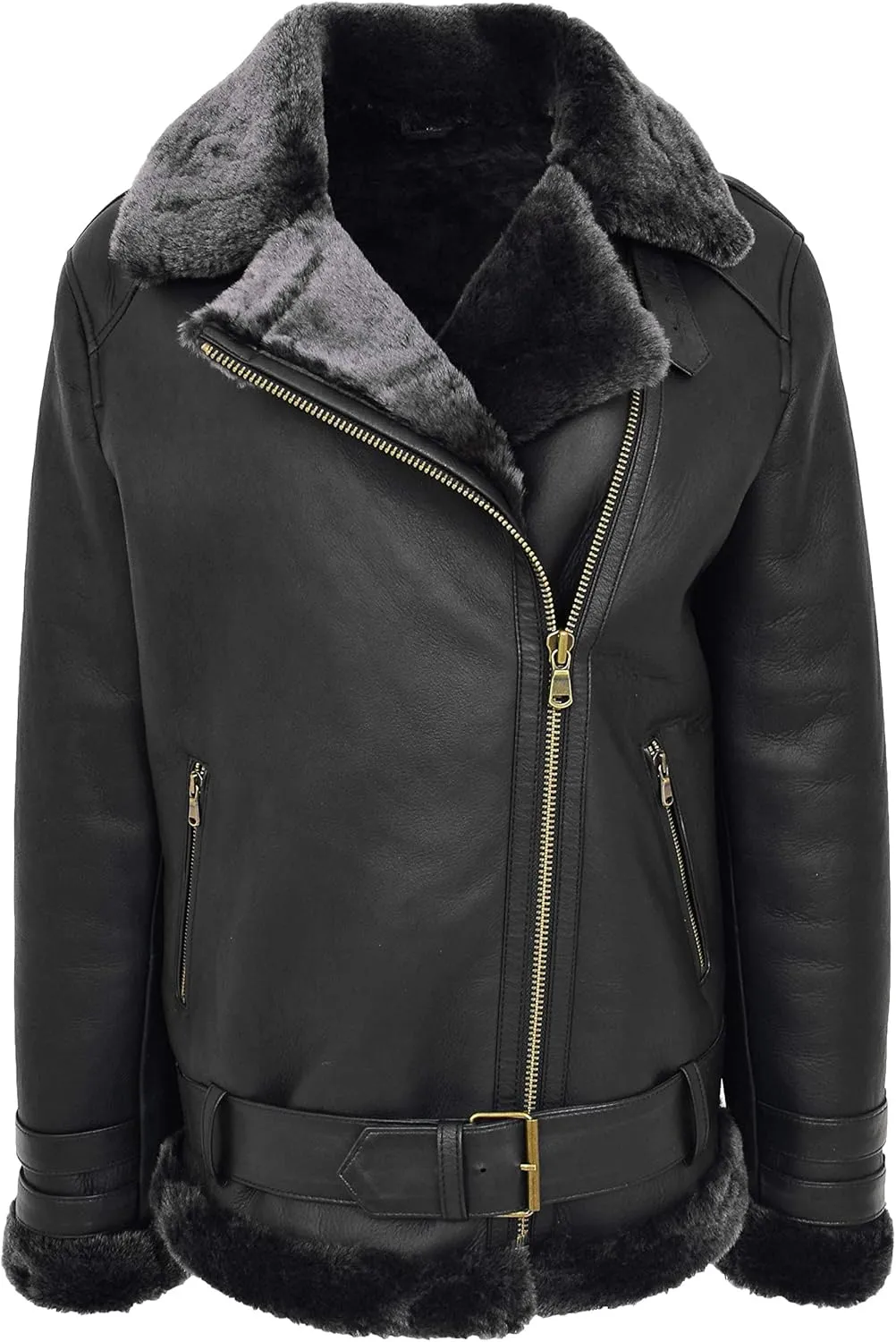 Womens Real Sheepskin Jacket Black X-Zip Aviator Belted Double Face Shearling Willow