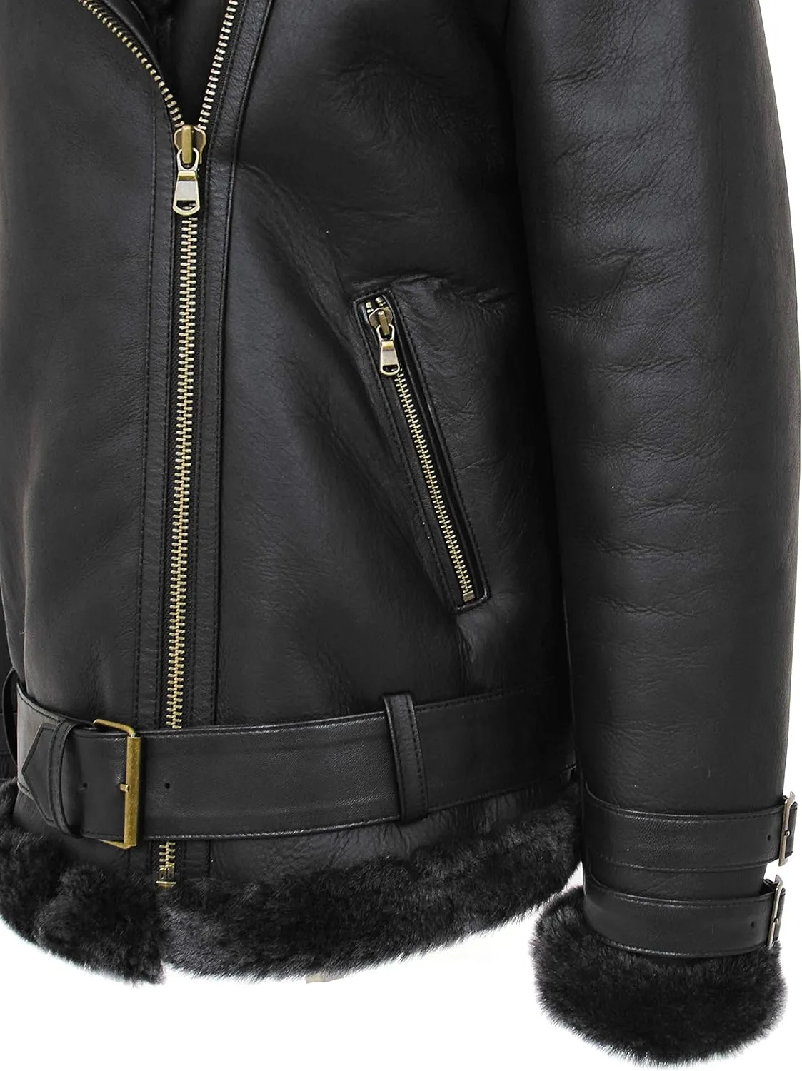Womens Real Sheepskin Jacket Black X-Zip Aviator Belted Double Face Shearling Willow