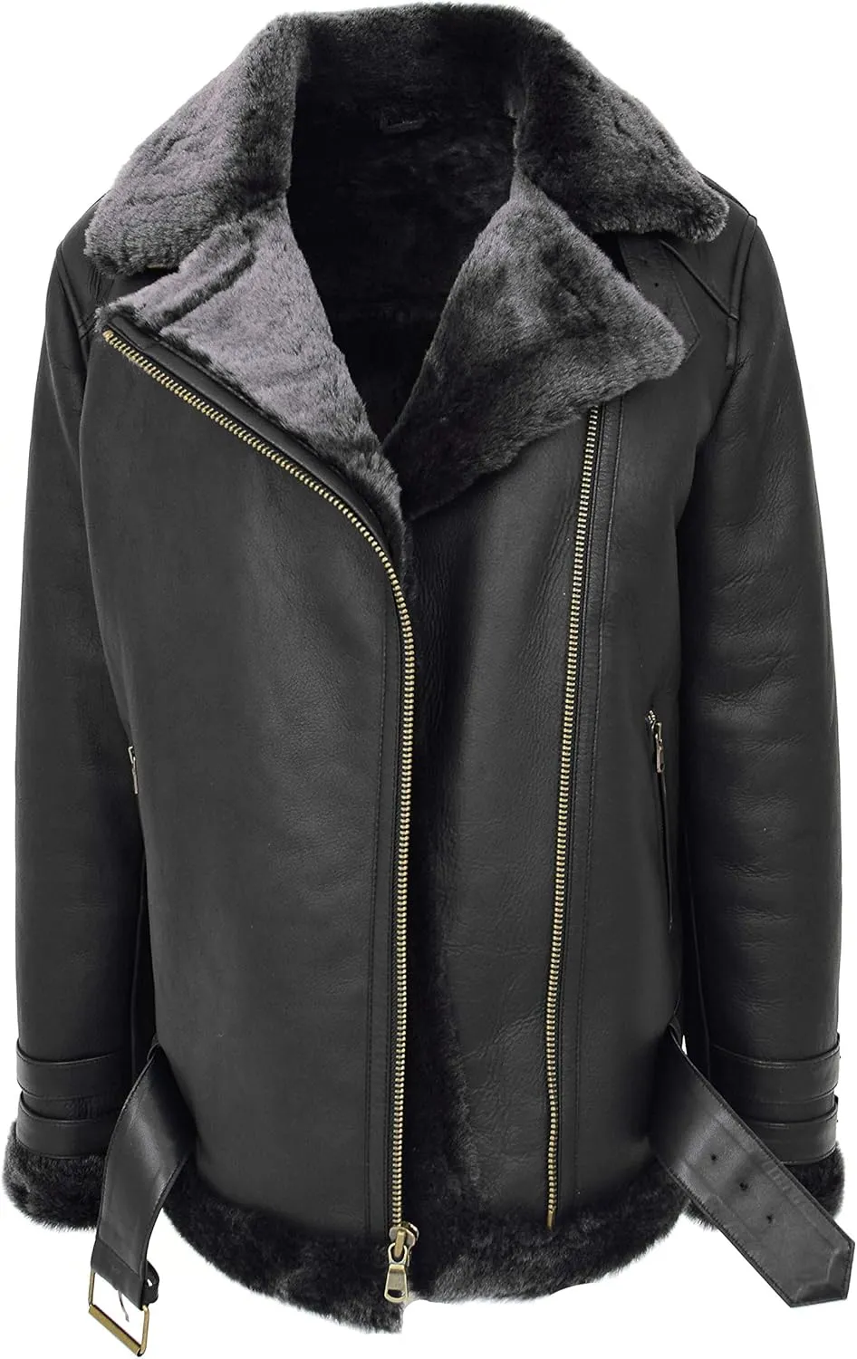 Womens Real Sheepskin Jacket Black X-Zip Aviator Belted Double Face Shearling Willow
