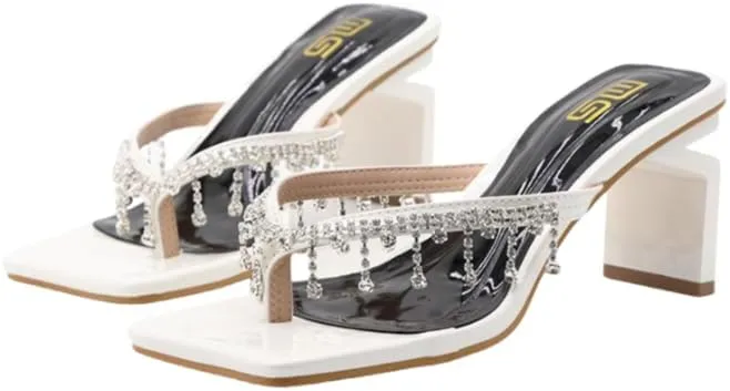 Women's Rhinestone Tassel Wedge Sandals Square toe slippers Sparkly Fringe Sandals Bohemian Summer Beach Slides