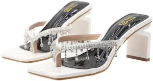 Women's Rhinestone Tassel Wedge Sandals Square toe slippers Sparkly Fringe Sandals Bohemian Summer Beach Slides