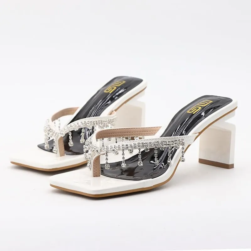 Women's Rhinestone Tassel Wedge Sandals Square toe slippers Sparkly Fringe Sandals Bohemian Summer Beach Slides