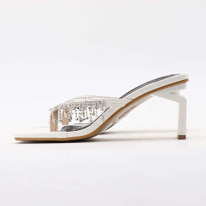 Women's Rhinestone Tassel Wedge Sandals Square toe slippers Sparkly Fringe Sandals Bohemian Summer Beach Slides