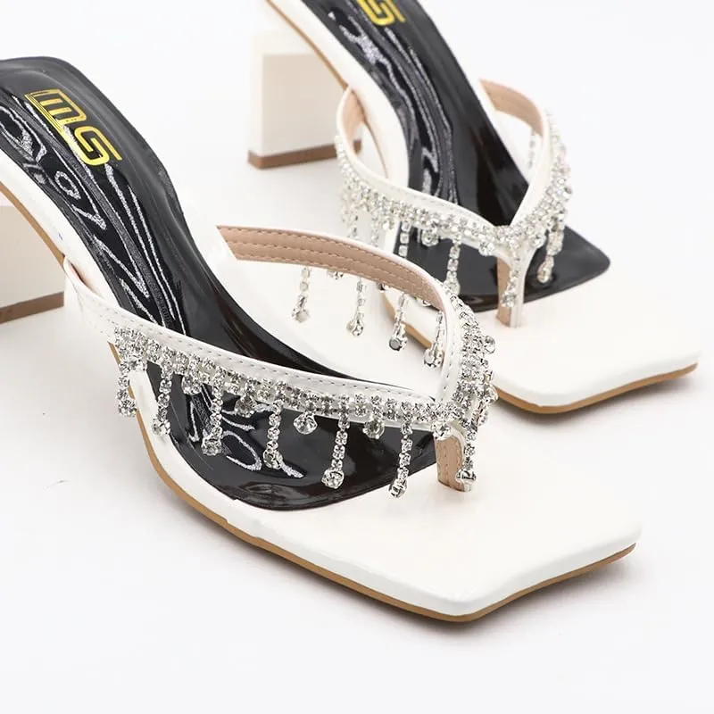 Women's Rhinestone Tassel Wedge Sandals Square toe slippers Sparkly Fringe Sandals Bohemian Summer Beach Slides