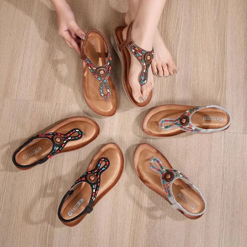 Women's Sandals Dressy Flat with Bohemian Beaded Casual Summer Slip On Ankle Elastic Beach Thong Shoes