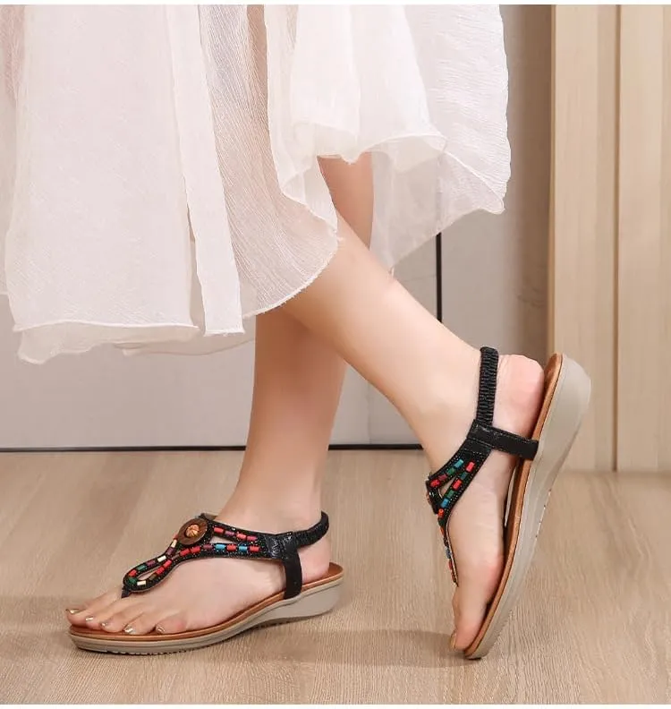 Women's Sandals Dressy Flat with Bohemian Beaded Casual Summer Slip On Ankle Elastic Beach Thong Shoes
