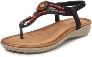 Women's Sandals Dressy Flat with Bohemian Beaded Casual Summer Slip On Ankle Elastic Beach Thong Shoes