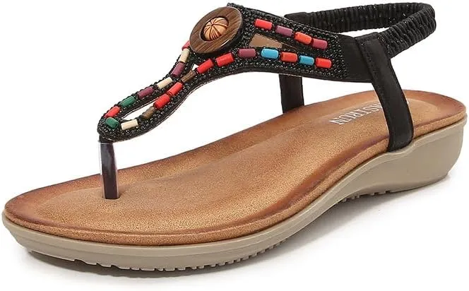 Women's Sandals Dressy Flat with Bohemian Beaded Casual Summer Slip On Ankle Elastic Beach Thong Shoes