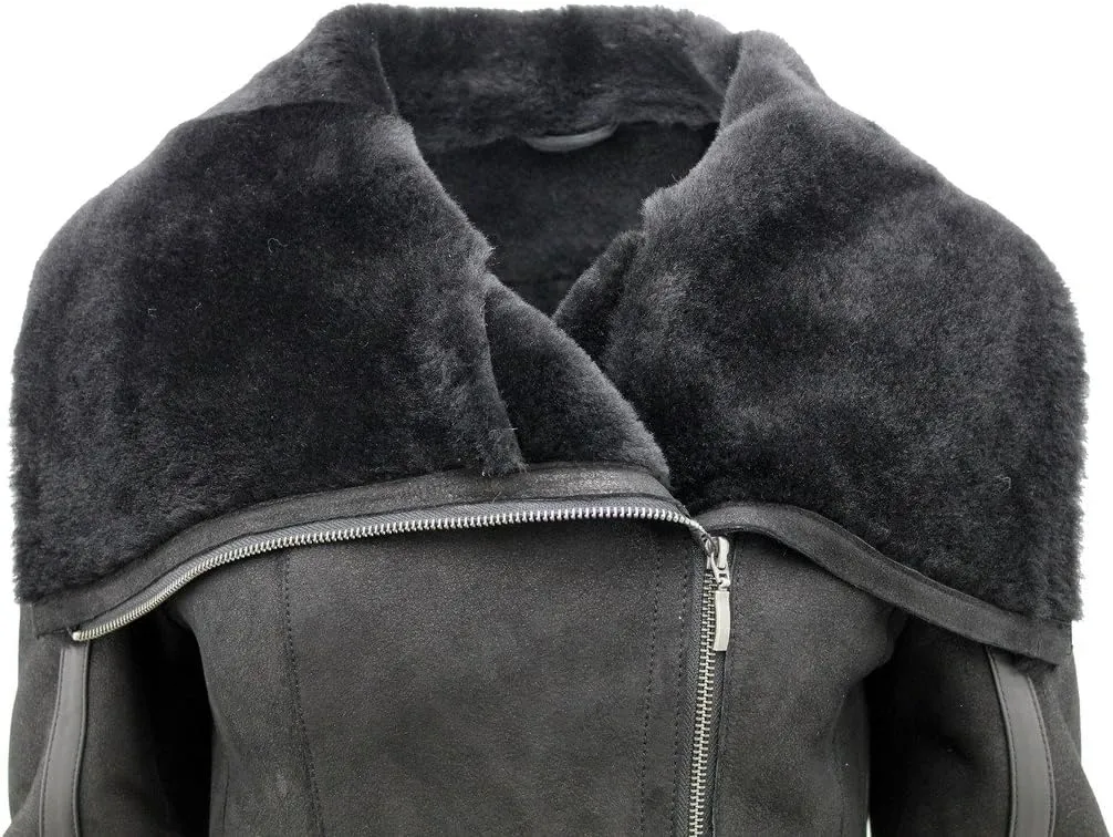 Women's Short Black Merino Sheepskin Aviator Leather Jacket