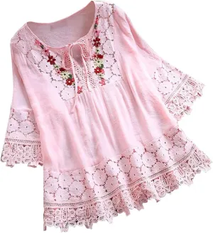 Womens Short Sleeve Cotton Linen Shirt Casual Crewneck Basic T-Shirt Button Loose Summer Tee Shirts