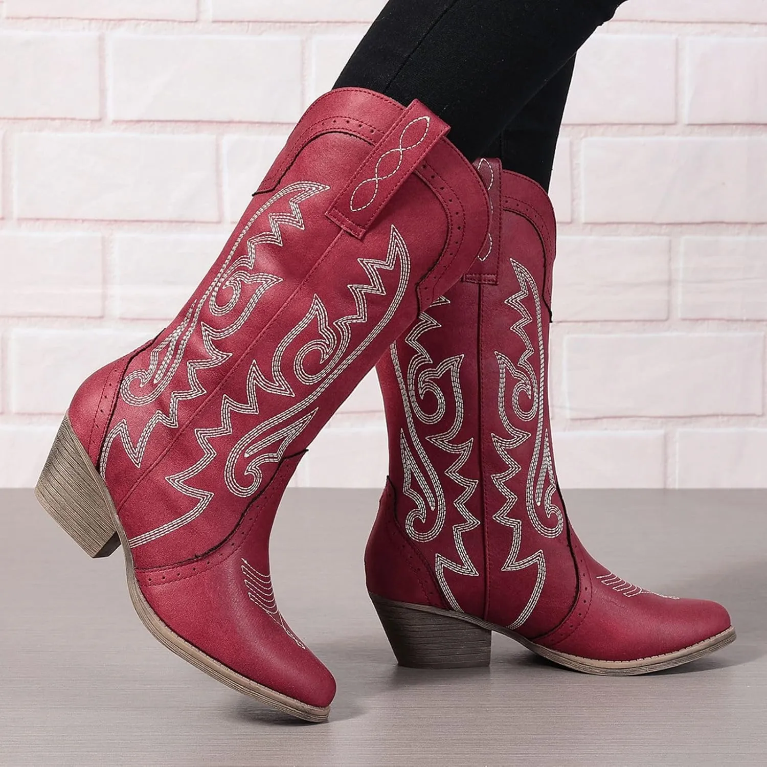Women's Silver Cowboy Boots, Pointy Toe, Mid Calf, Chunky Heel, Wide Calf, Faux Suede, Pull-On, Suede Lining, Rubber Sole, Casual, Everyday Wear, Social Occasions