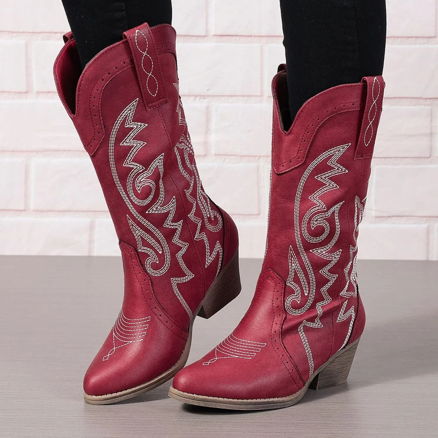 Women's Silver Cowboy Boots, Pointy Toe, Mid Calf, Chunky Heel, Wide Calf, Faux Suede, Pull-On, Suede Lining, Rubber Sole, Casual, Everyday Wear, Social Occasions