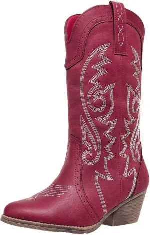 Women's Silver Cowboy Boots, Pointy Toe, Mid Calf, Chunky Heel, Wide Calf, Faux Suede, Pull-On, Suede Lining, Rubber Sole, Casual, Everyday Wear, Social Occasions