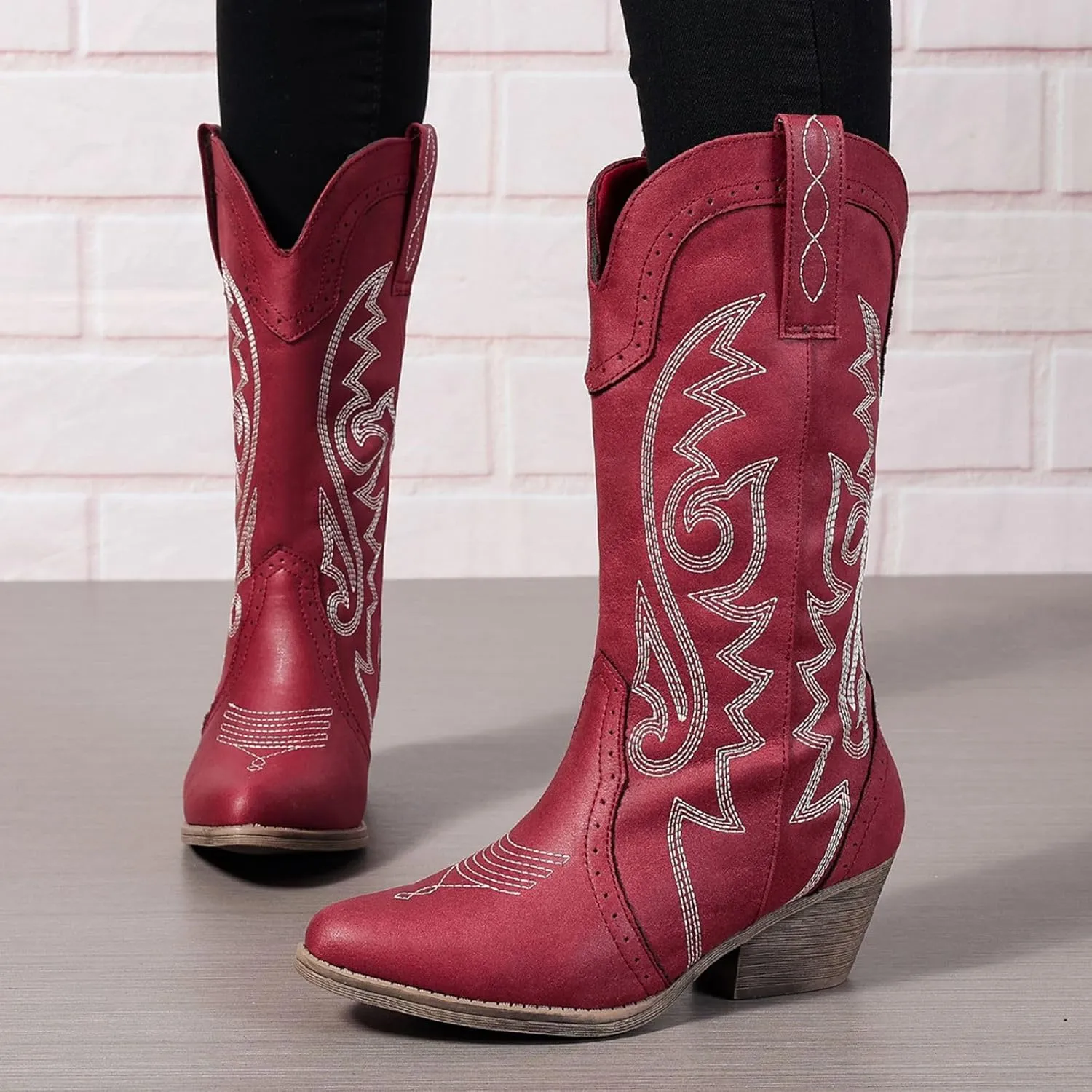 Women's Silver Cowboy Boots, Pointy Toe, Mid Calf, Chunky Heel, Wide Calf, Faux Suede, Pull-On, Suede Lining, Rubber Sole, Casual, Everyday Wear, Social Occasions