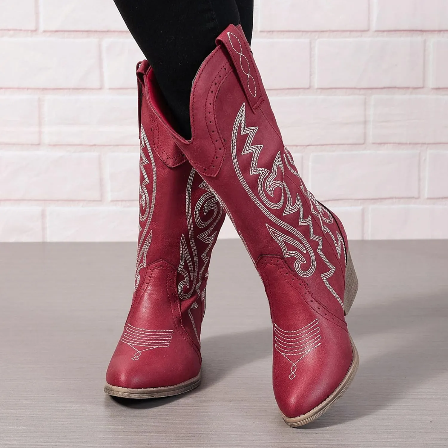 Women's Silver Cowboy Boots, Pointy Toe, Mid Calf, Chunky Heel, Wide Calf, Faux Suede, Pull-On, Suede Lining, Rubber Sole, Casual, Everyday Wear, Social Occasions