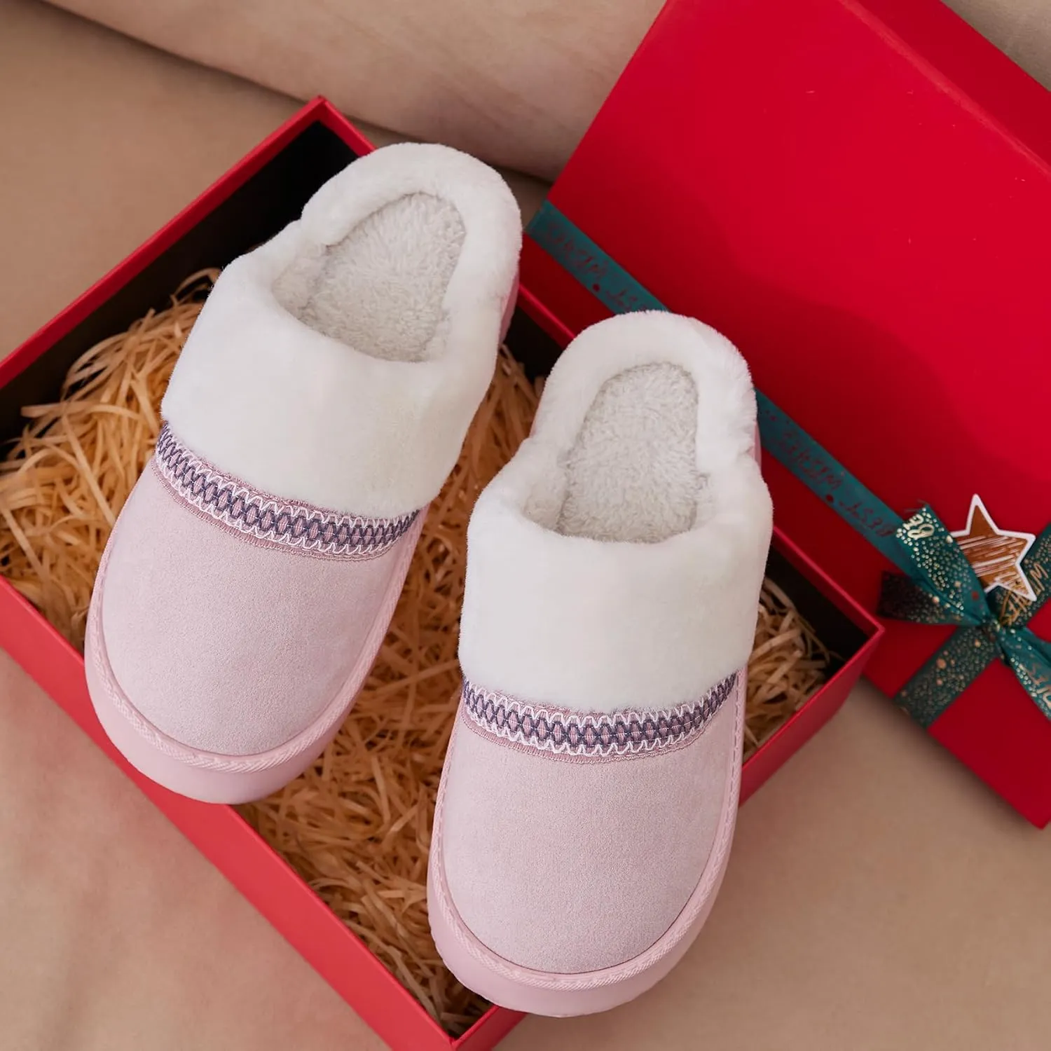 Womens Slippers for Women Cozy Memory Foam House Slippers Winter Warm Comfy Furry Shoes for Indoor Outdoor Suede Platform with Anti-Skid Sole