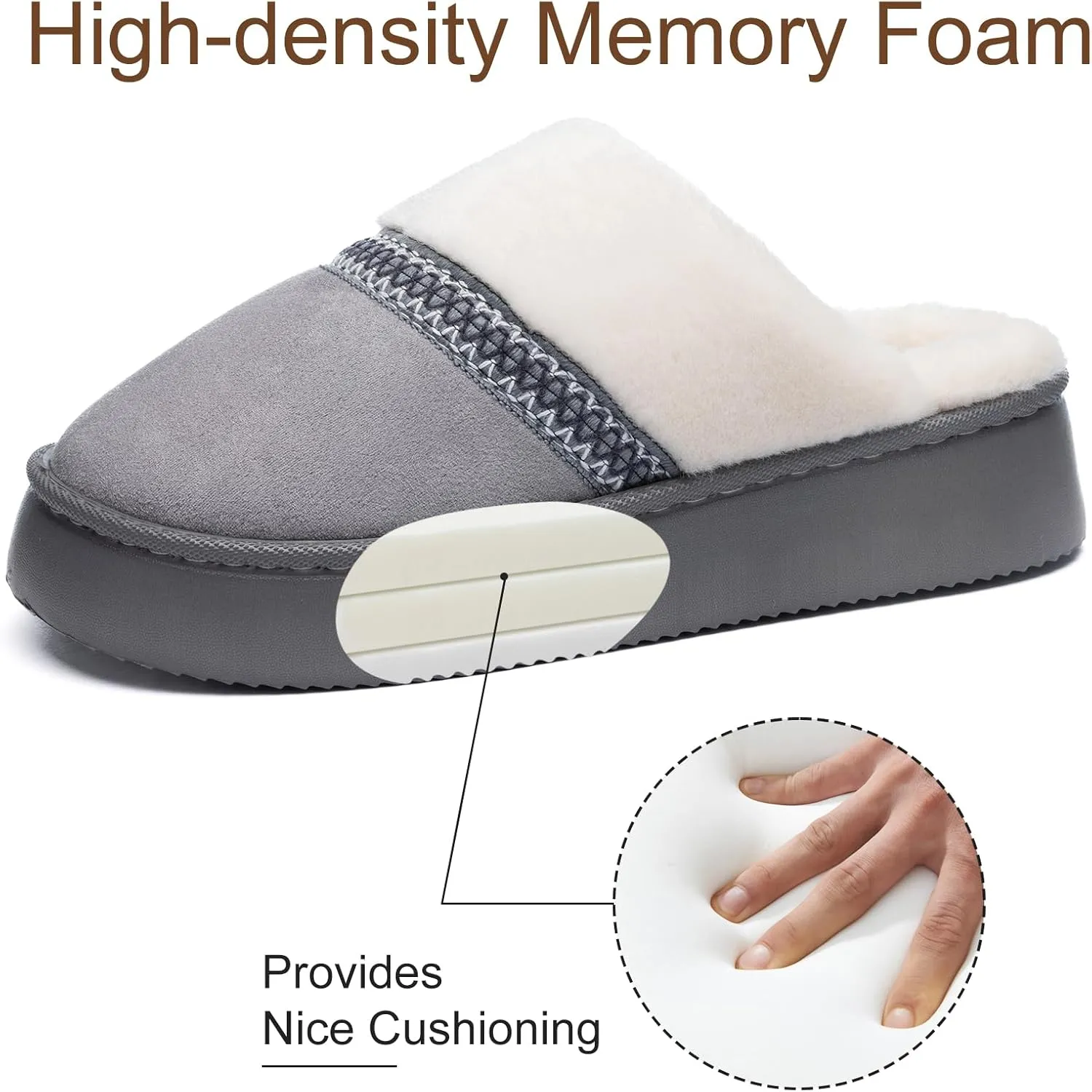 Womens Slippers for Women Cozy Memory Foam House Slippers Winter Warm Comfy Furry Shoes for Indoor Outdoor Suede Platform with Anti-Skid Sole