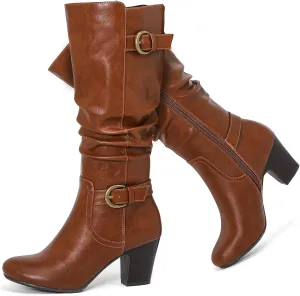 Women's Slouchy Knee High Boots with Chunky Heel, Pointed Toe, Comfortable and Fashionable for Fall and Winter Wear for Women.