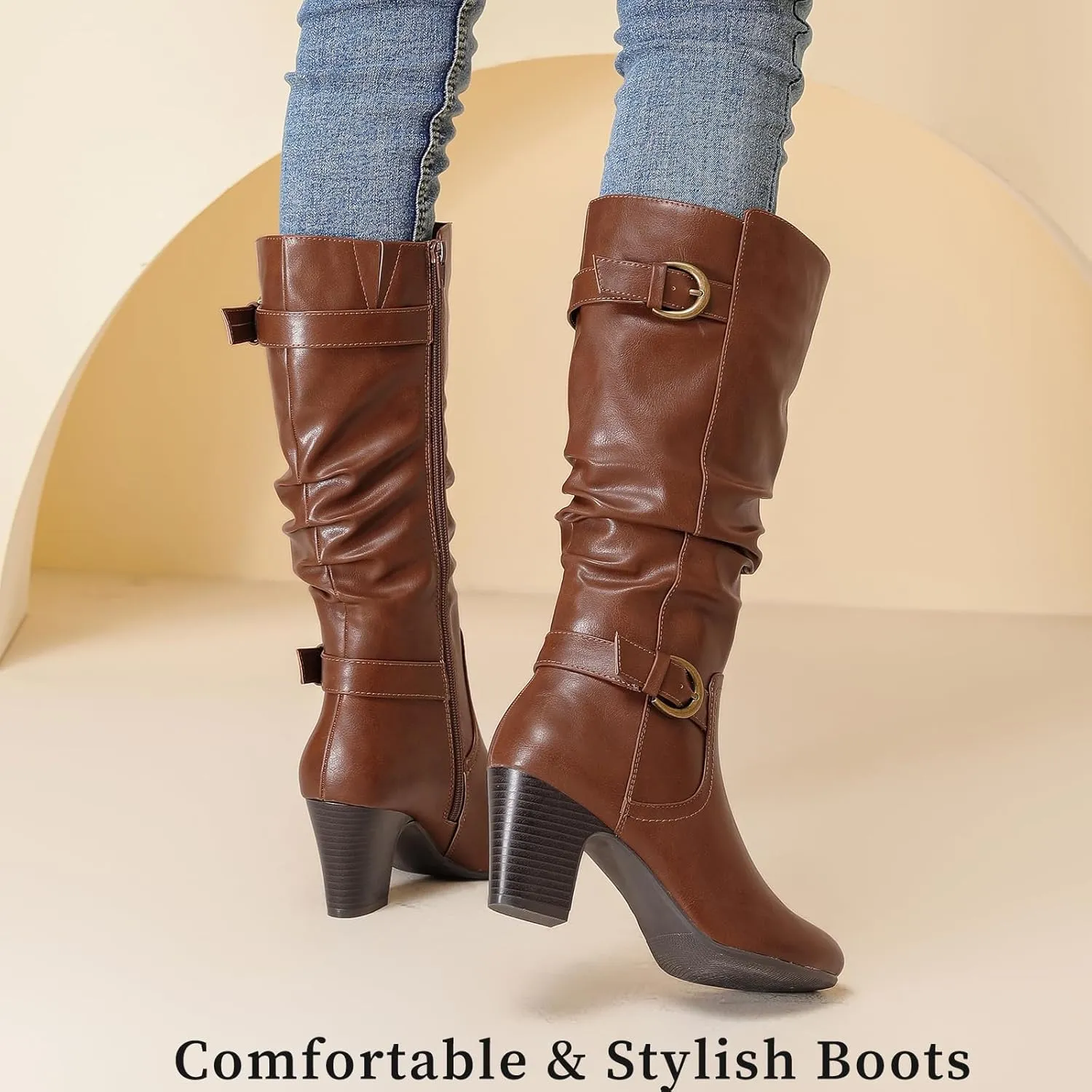 Women's Slouchy Knee High Boots with Chunky Heel, Pointed Toe, Comfortable and Fashionable for Fall and Winter Wear for Women.