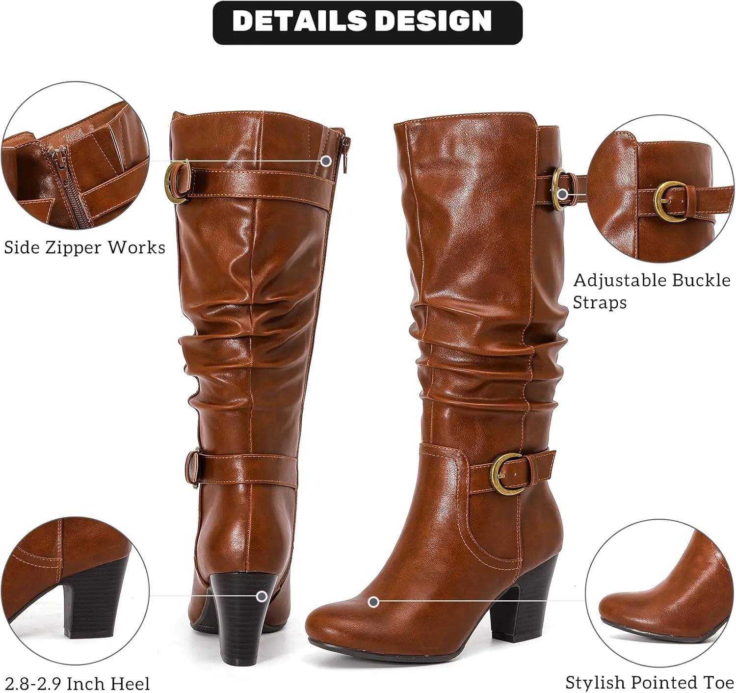 Women's Slouchy Knee High Boots with Chunky Heel, Pointed Toe, Comfortable and Fashionable for Fall and Winter Wear for Women.