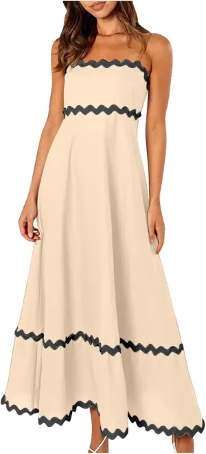 Womens Spaghetti Strap Sleeveless Rickrack Trim Dress Summer Casual Comfy A-Line Maxi Dress Vocation Flowy Long Dress