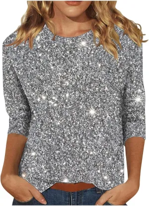 Womens Sparkle T Shirts Casual Glitter Dressy Flowy Tops Comfy Round Neck Long Sleeve Blouse Trendy 2024 Fall Clothes