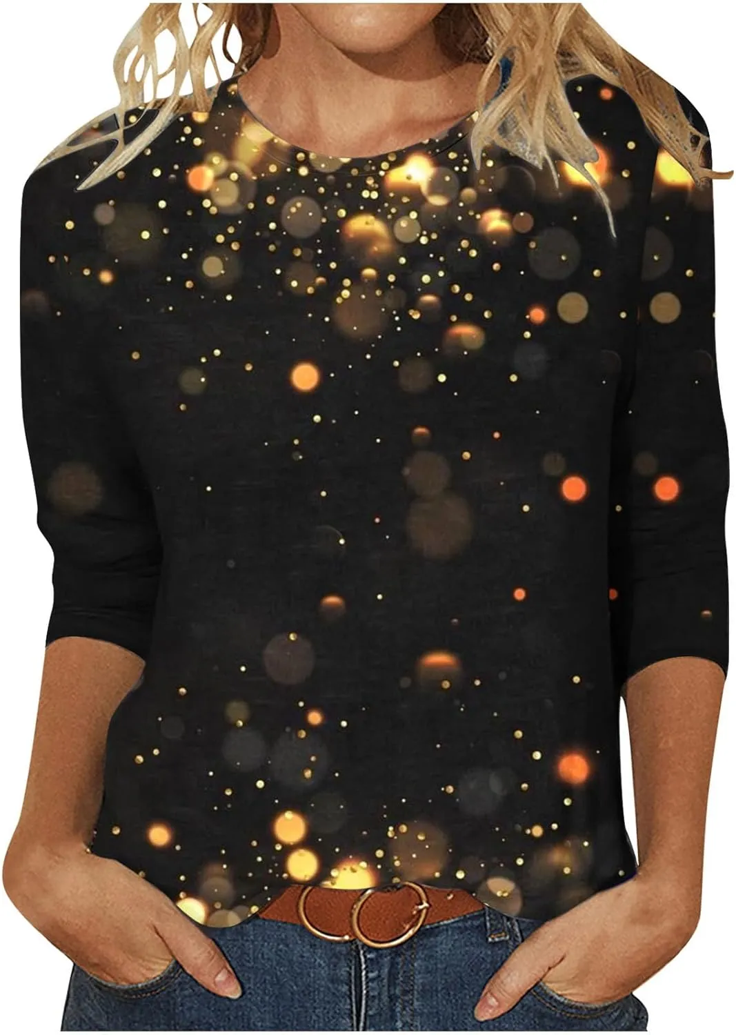 Womens Sparkly Tops and Blouses 3/4 Sleeve Loose Fit Sequin Shirts Casual Crewneck Tees Trendy Outfits Clothing 2024