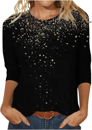 Womens Sparkly Tops and Blouses 3/4 Sleeve Loose Fit Sequin Shirts Casual Crewneck Tees Trendy Outfits Clothing 2024