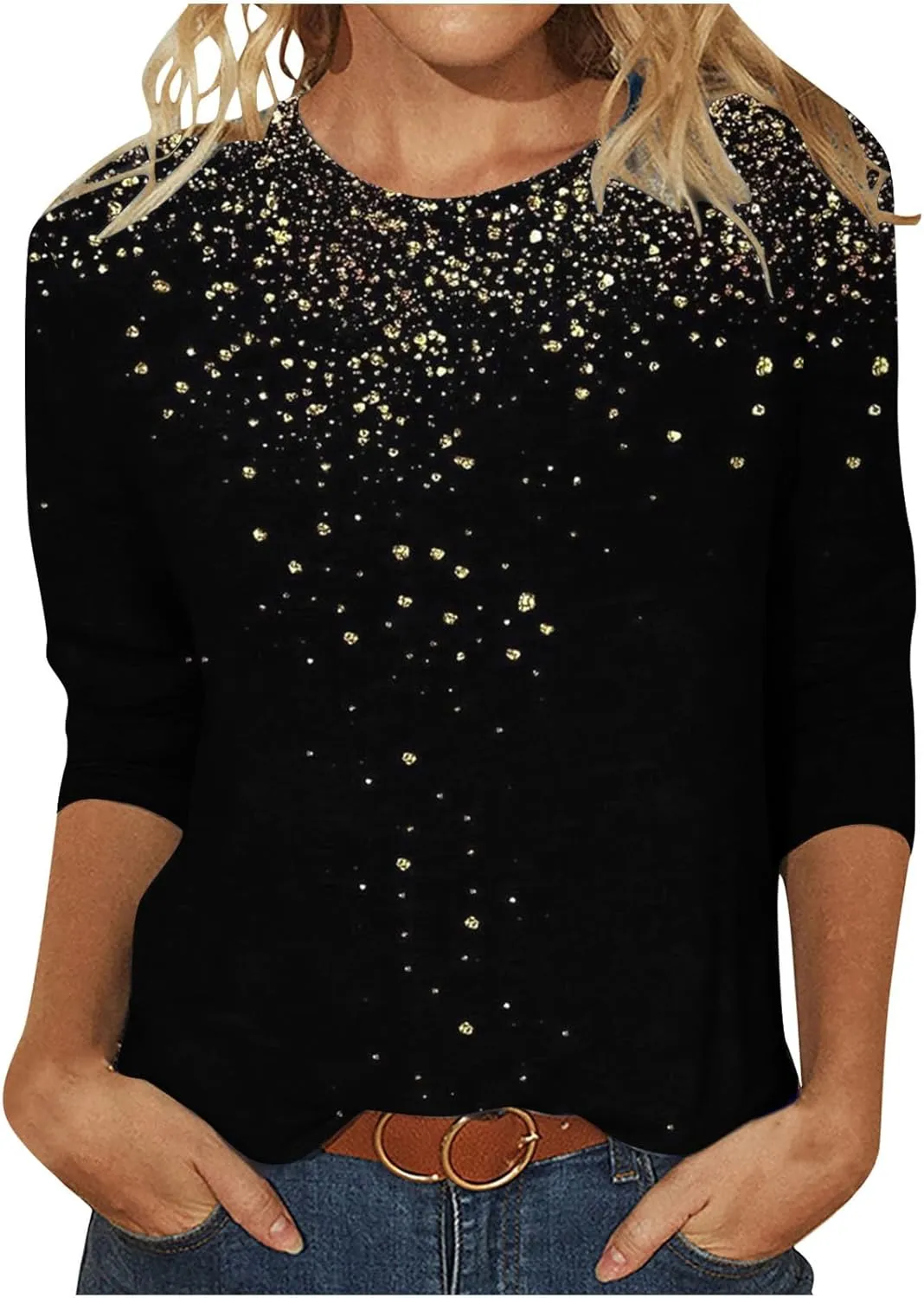 Womens Sparkly Tops and Blouses 3/4 Sleeve Loose Fit Sequin Shirts Casual Crewneck Tees Trendy Outfits Clothing 2024