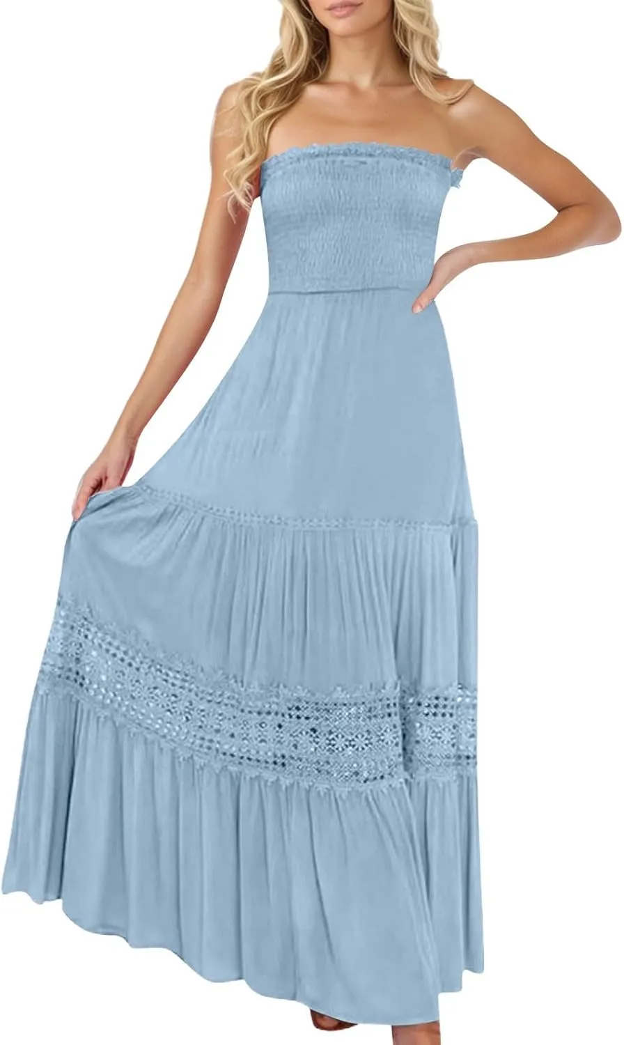 Women's Strapless Bohemian Maxi Elegant Summer Beach Dress with Lace Detail Sizes S-XL