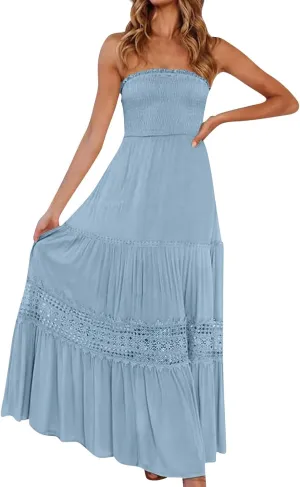 Women's Strapless Bohemian Maxi Elegant Summer Beach Dress with Lace Detail Sizes S-XL
