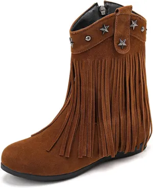 Women'S Suede Flat Tassel Boots With Side Zipper Retro Round Toe Comfortable Non-Slip Heightened Bohemian Ankle Boots Fashion Western Tassel Cowboy Boots