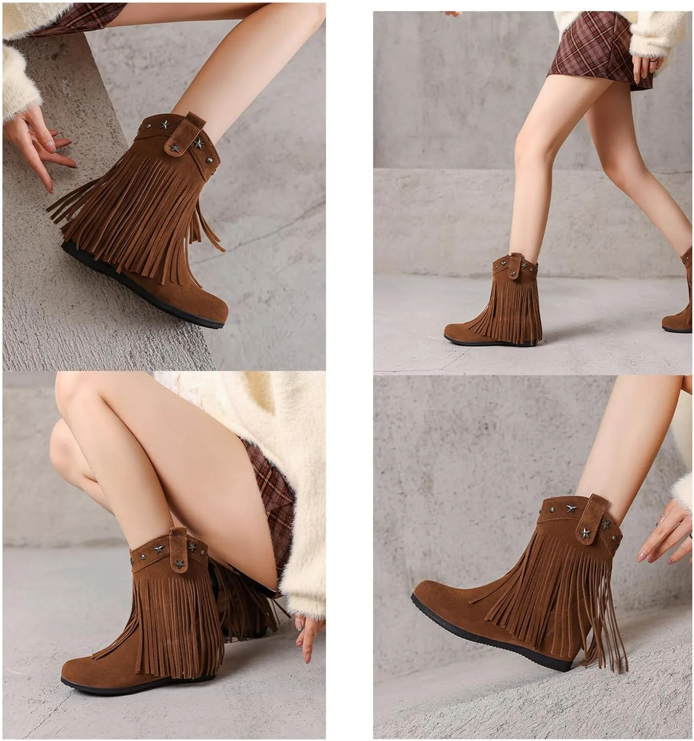 Women'S Suede Flat Tassel Boots With Side Zipper Retro Round Toe Comfortable Non-Slip Heightened Bohemian Ankle Boots Fashion Western Tassel Cowboy Boots