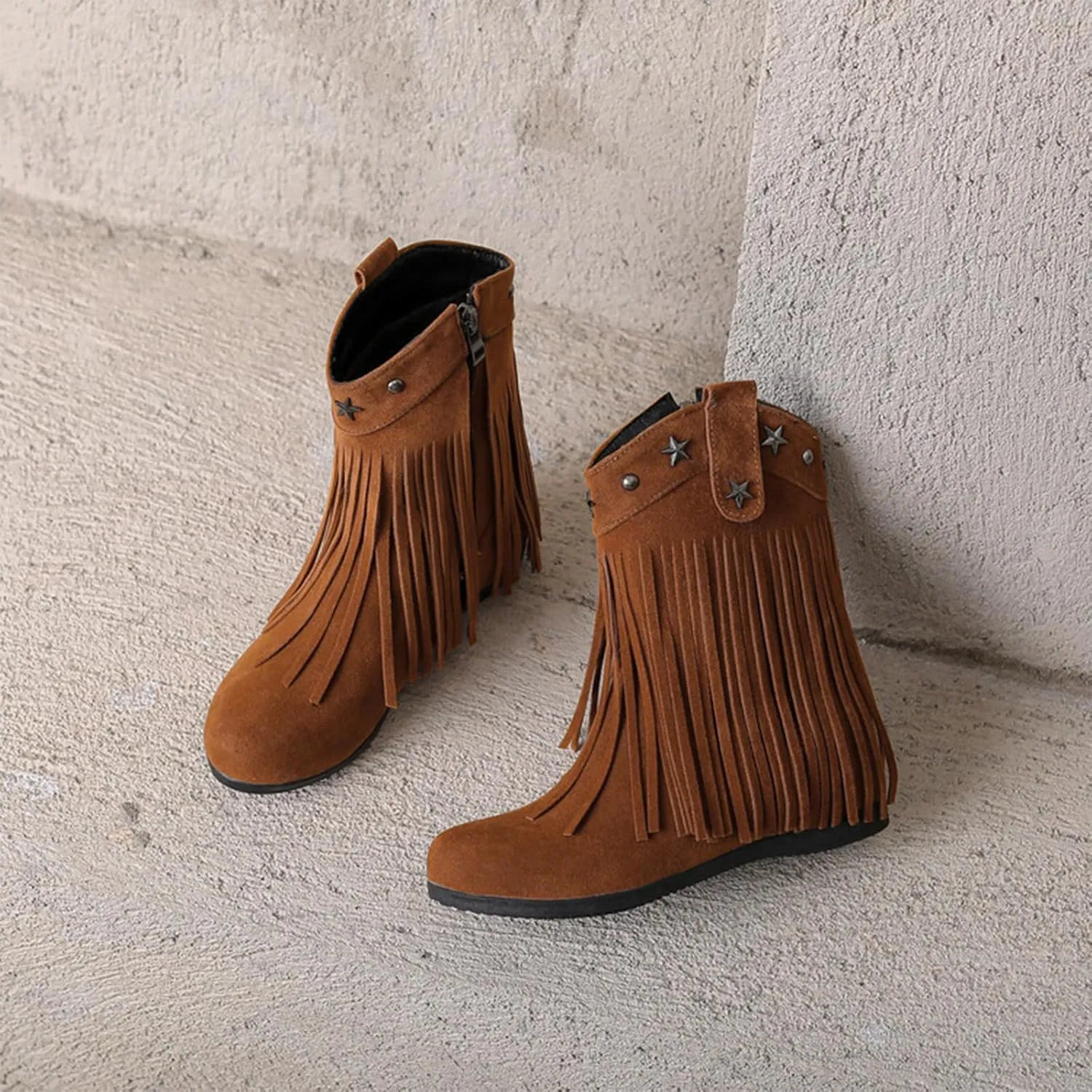 Women'S Suede Flat Tassel Boots With Side Zipper Retro Round Toe Comfortable Non-Slip Heightened Bohemian Ankle Boots Fashion Western Tassel Cowboy Boots