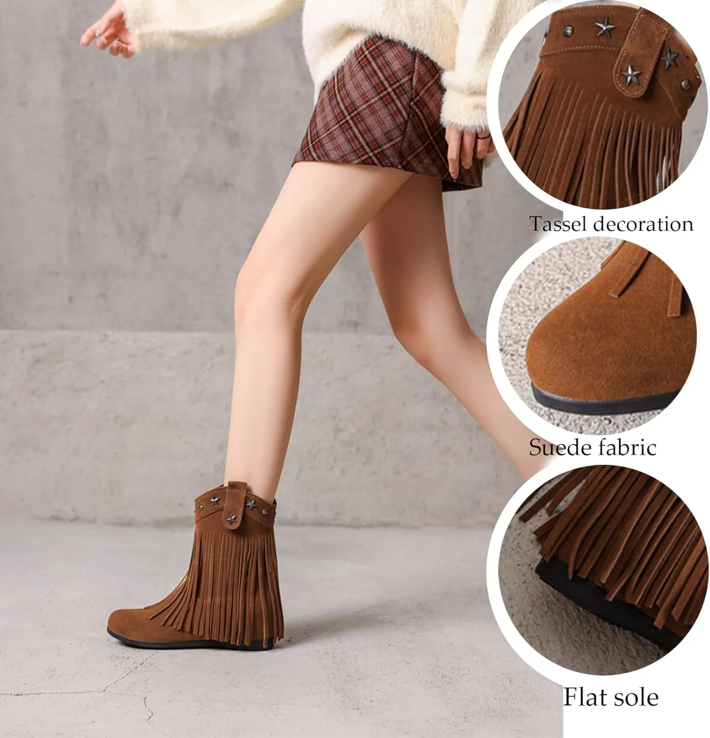 Women'S Suede Flat Tassel Boots With Side Zipper Retro Round Toe Comfortable Non-Slip Heightened Bohemian Ankle Boots Fashion Western Tassel Cowboy Boots