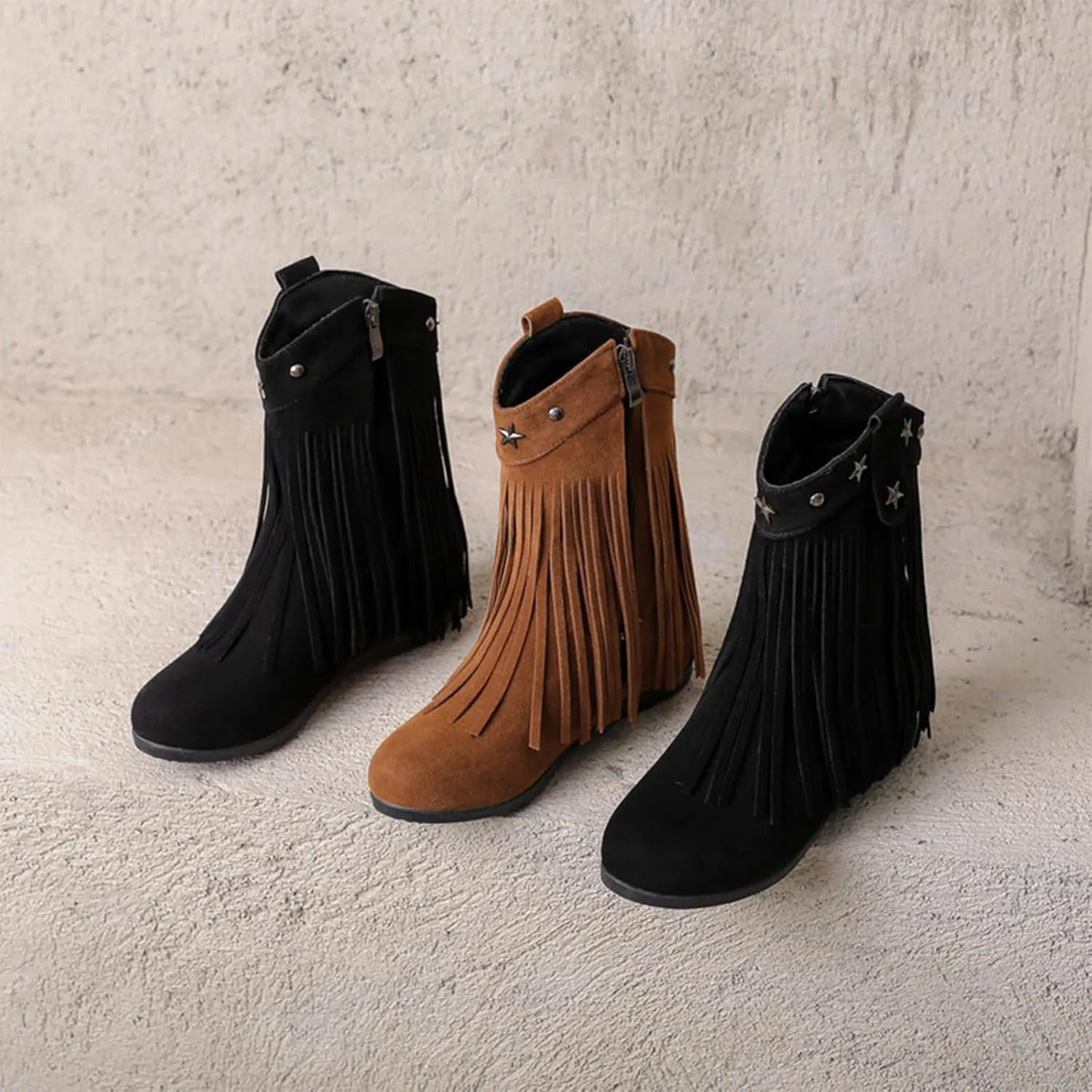 Women'S Suede Flat Tassel Boots With Side Zipper Retro Round Toe Comfortable Non-Slip Heightened Bohemian Ankle Boots Fashion Western Tassel Cowboy Boots
