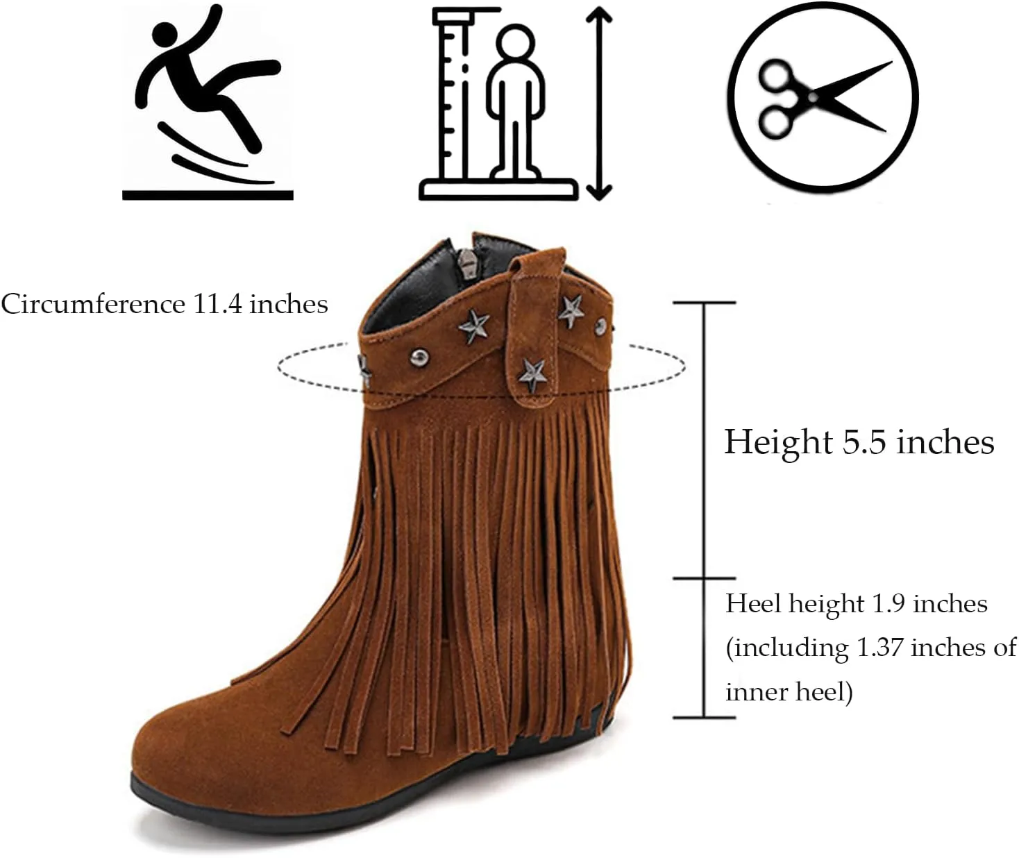Women'S Suede Flat Tassel Boots With Side Zipper Retro Round Toe Comfortable Non-Slip Heightened Bohemian Ankle Boots Fashion Western Tassel Cowboy Boots
