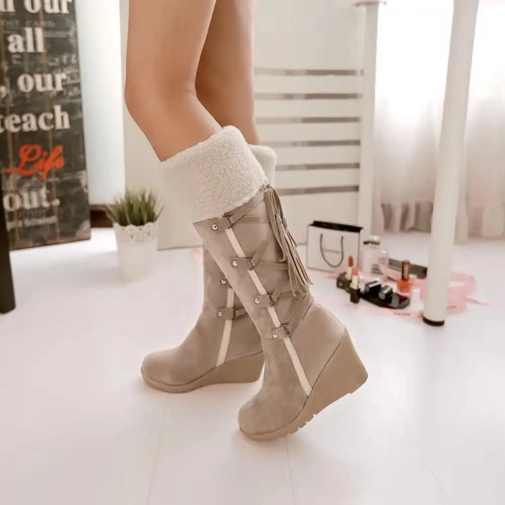 Women's Suede Plus Velvet Lined Flip Lace Up Tassel Knee High Boot,Winter Warm Non Slip Platform Wedge Heel Snow Boot