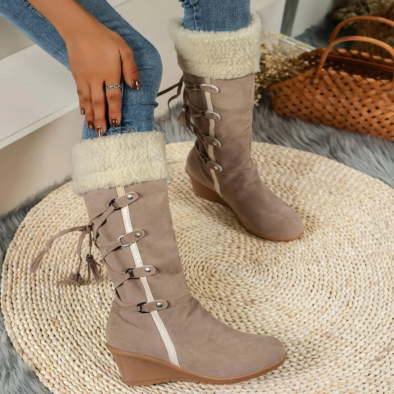 Women's Suede Plus Velvet Lined Flip Lace Up Tassel Knee High Boot,Winter Warm Non Slip Platform Wedge Heel Snow Boot