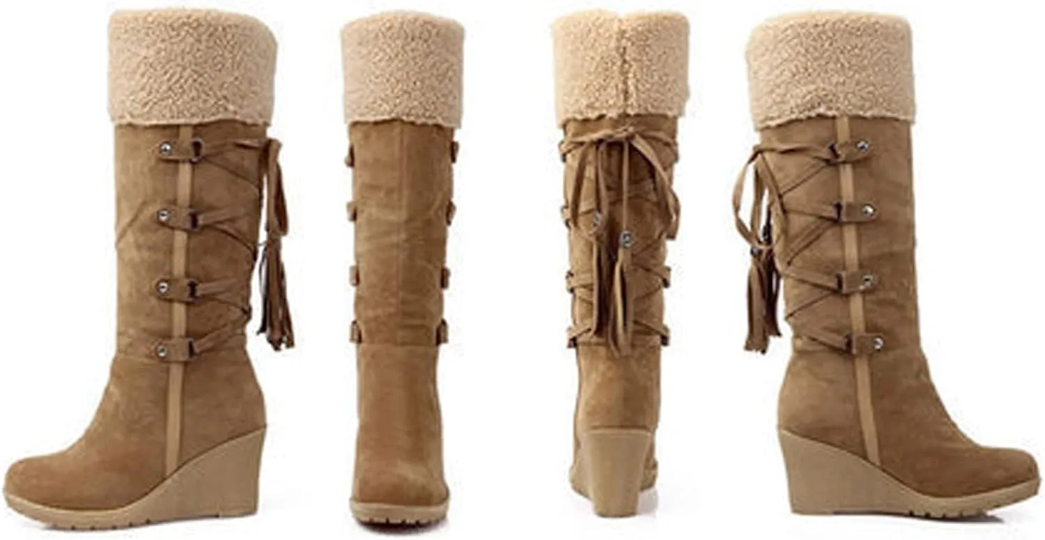 Women's Suede Plus Velvet Lined Flip Lace Up Tassel Knee High Boot,Winter Warm Non Slip Platform Wedge Heel Snow Boot