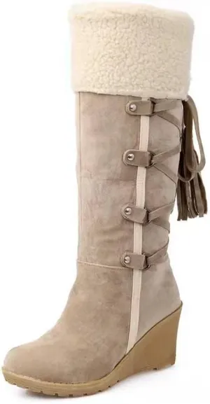 Women's Suede Plus Velvet Lined Flip Lace Up Tassel Knee High Boot,Winter Warm Non Slip Platform Wedge Heel Snow Boot