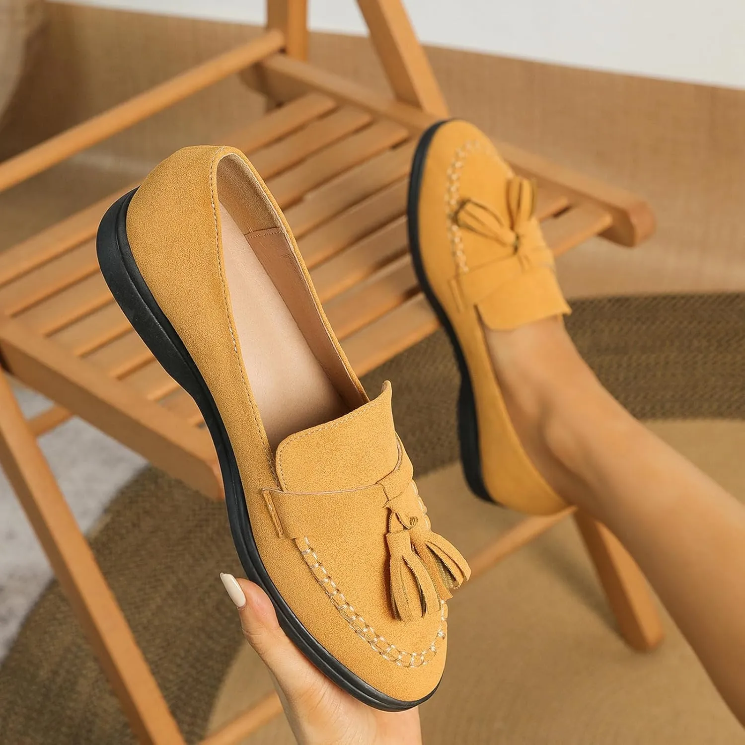 Women's Suede Tassel Slip on Flats Loafers,Comfortable Slip On Soft Sole Penny Loafers Fashion Driving Work Walking Flat Shoes