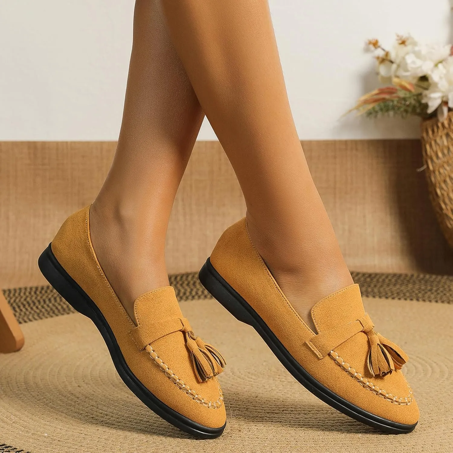Women's Suede Tassel Slip on Flats Loafers,Comfortable Slip On Soft Sole Penny Loafers Fashion Driving Work Walking Flat Shoes